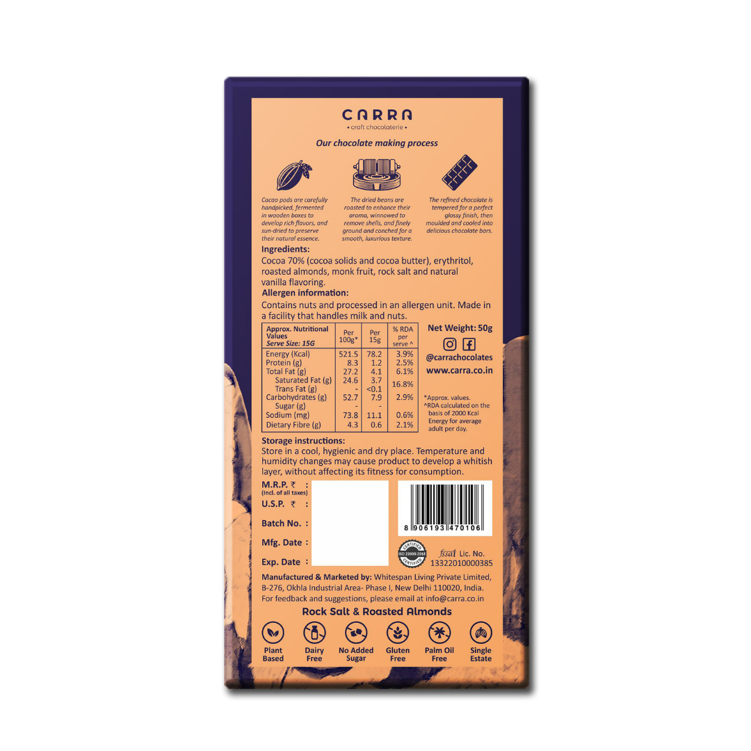 Carra Rock Salt & Roasted Almonds - 70% Dark Chocolate - Sugar Free - 50G