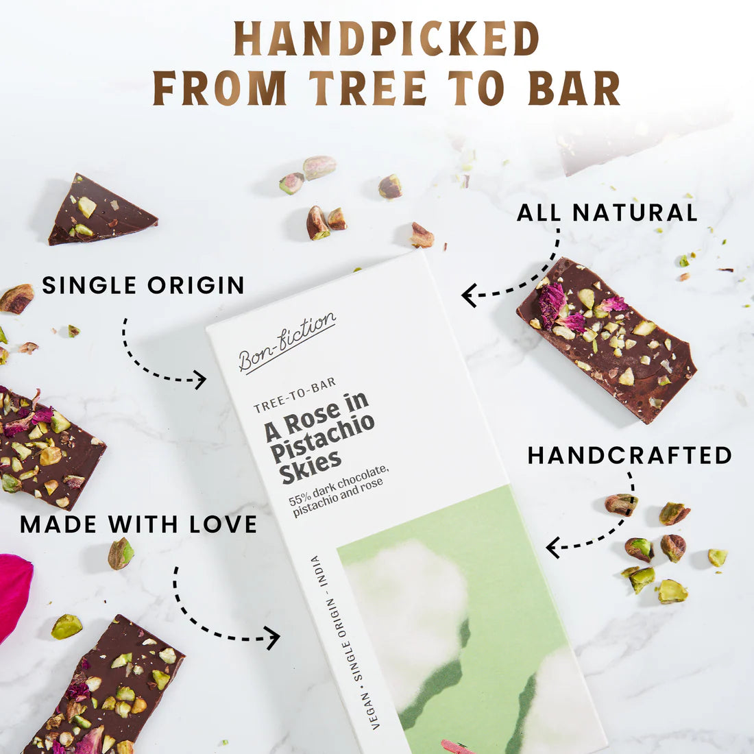 Bon Fiction - A Rose In Pistachio Skies - 55% Dark Rose Pistachio Chocolate