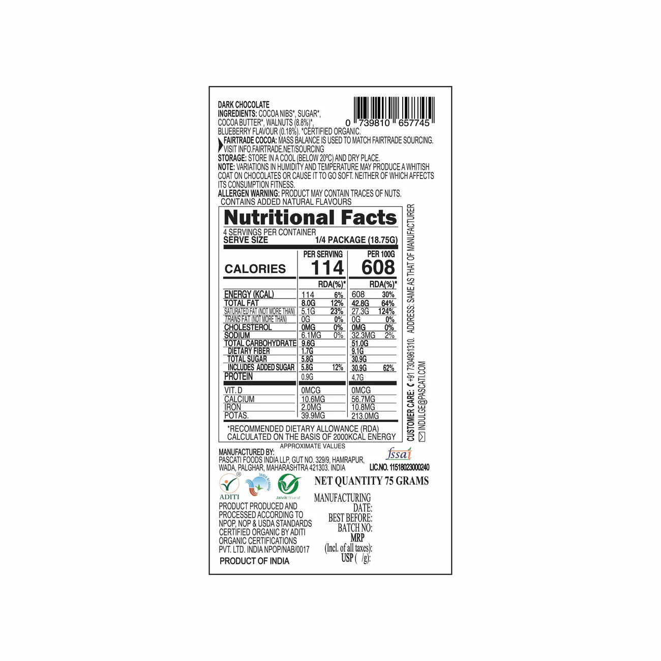 Pascati Blueberry Walnut Chocolate, 75g