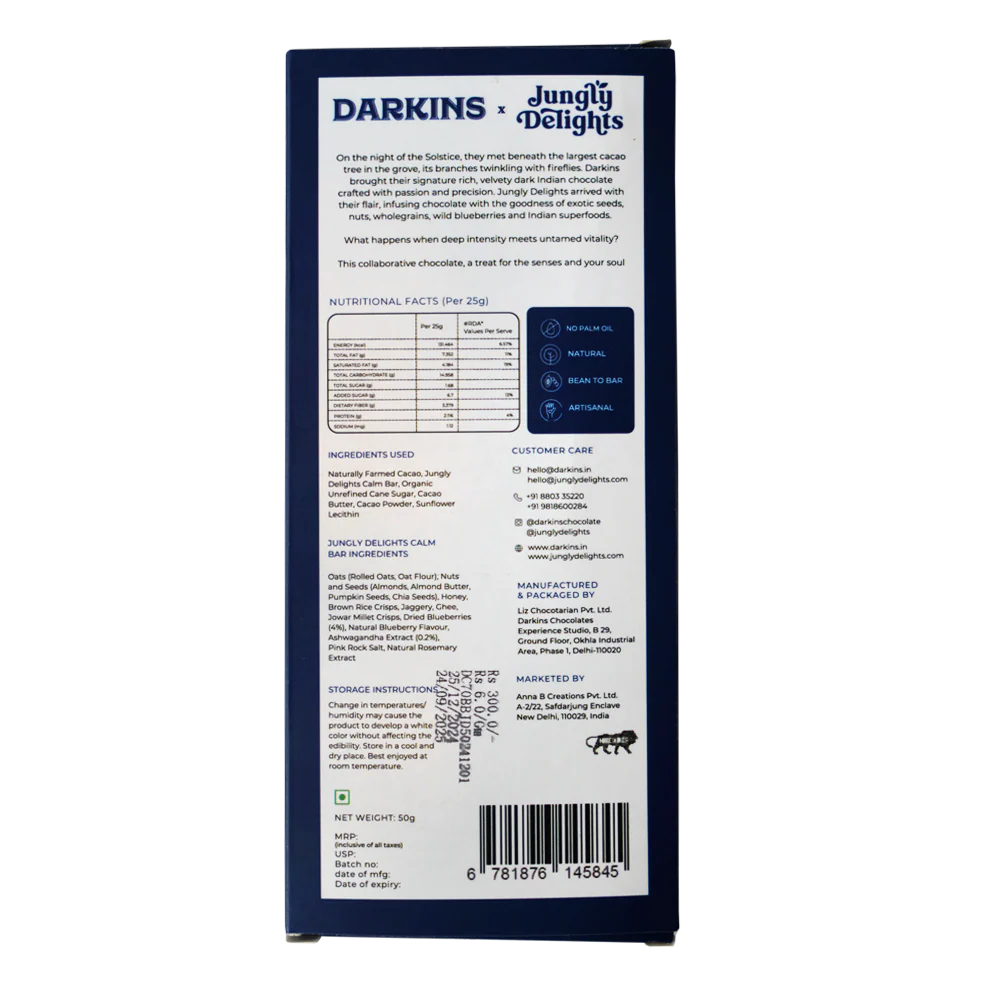 Darkins 70% Dark Chocolate with Blueberry & Ashwagandha Superfood Bar (Calm Bar)