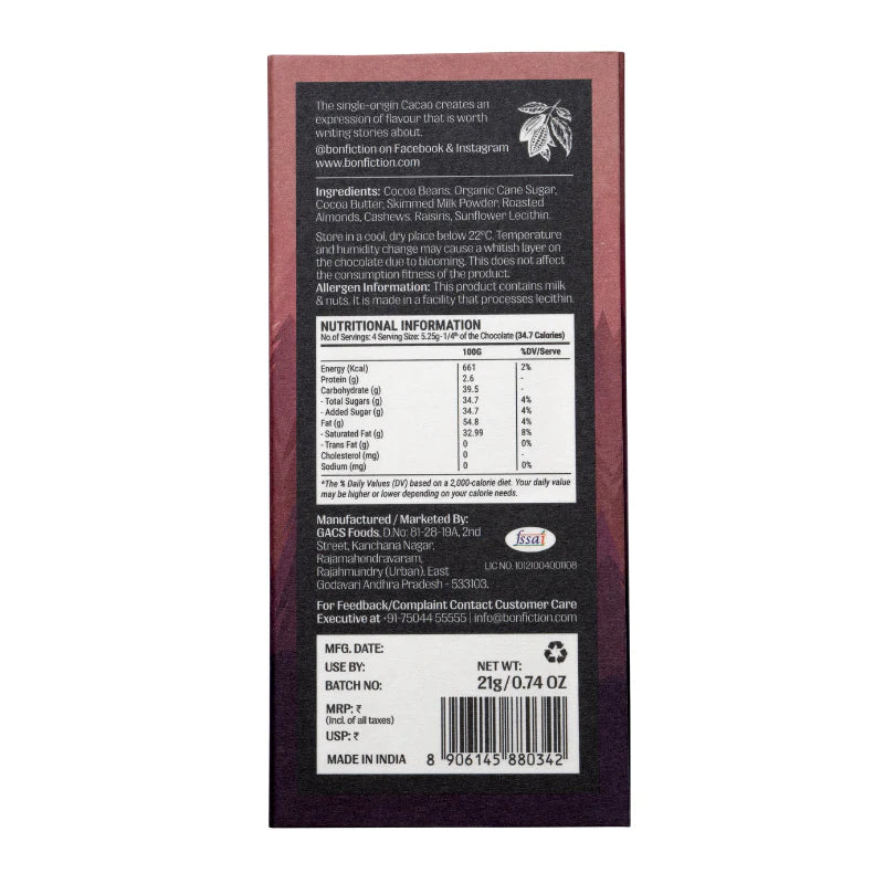 Bon Fiction - The Secret Life of Nuts and Raisins - 45% Milk Fruit & Nut Chocolate (Mini)