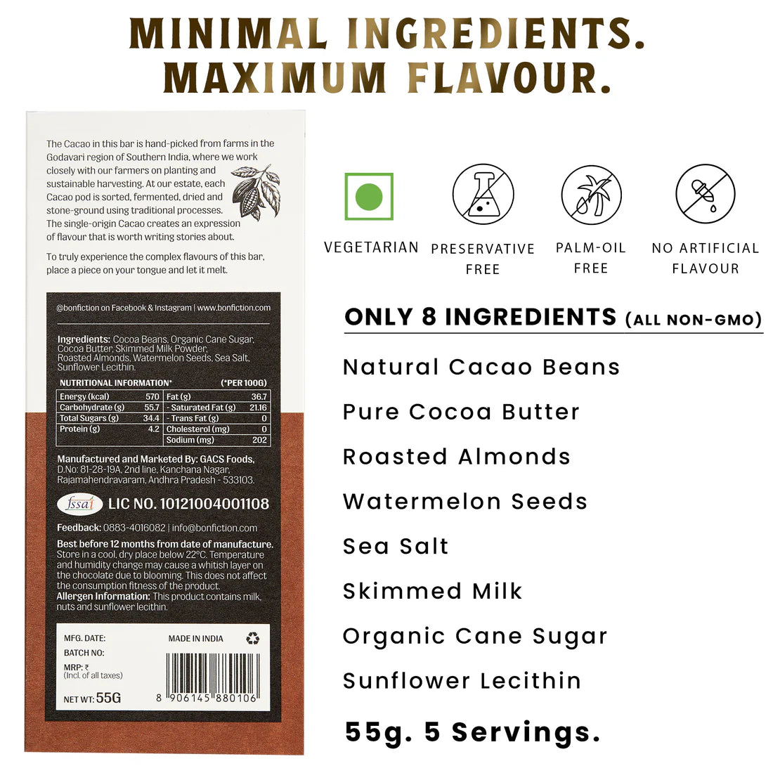 Bon Fiction - The Roasted Almond Revival - 55% Dark Milk Roasted Almonds Chocolate