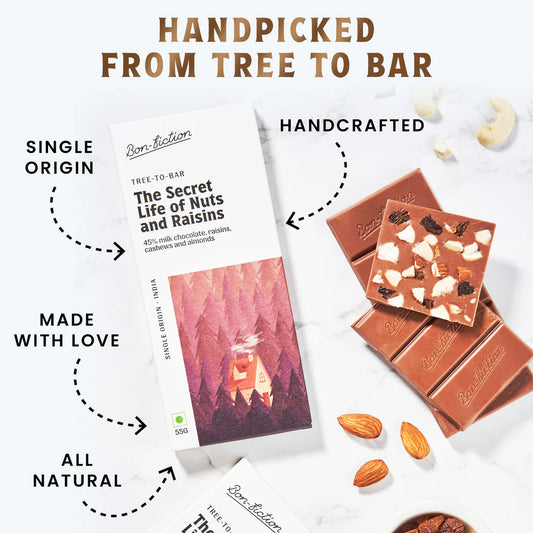 Bon Fiction - The Secret Life of Nuts and Raisins - 45% Milk Fruit & Nut Chocolate