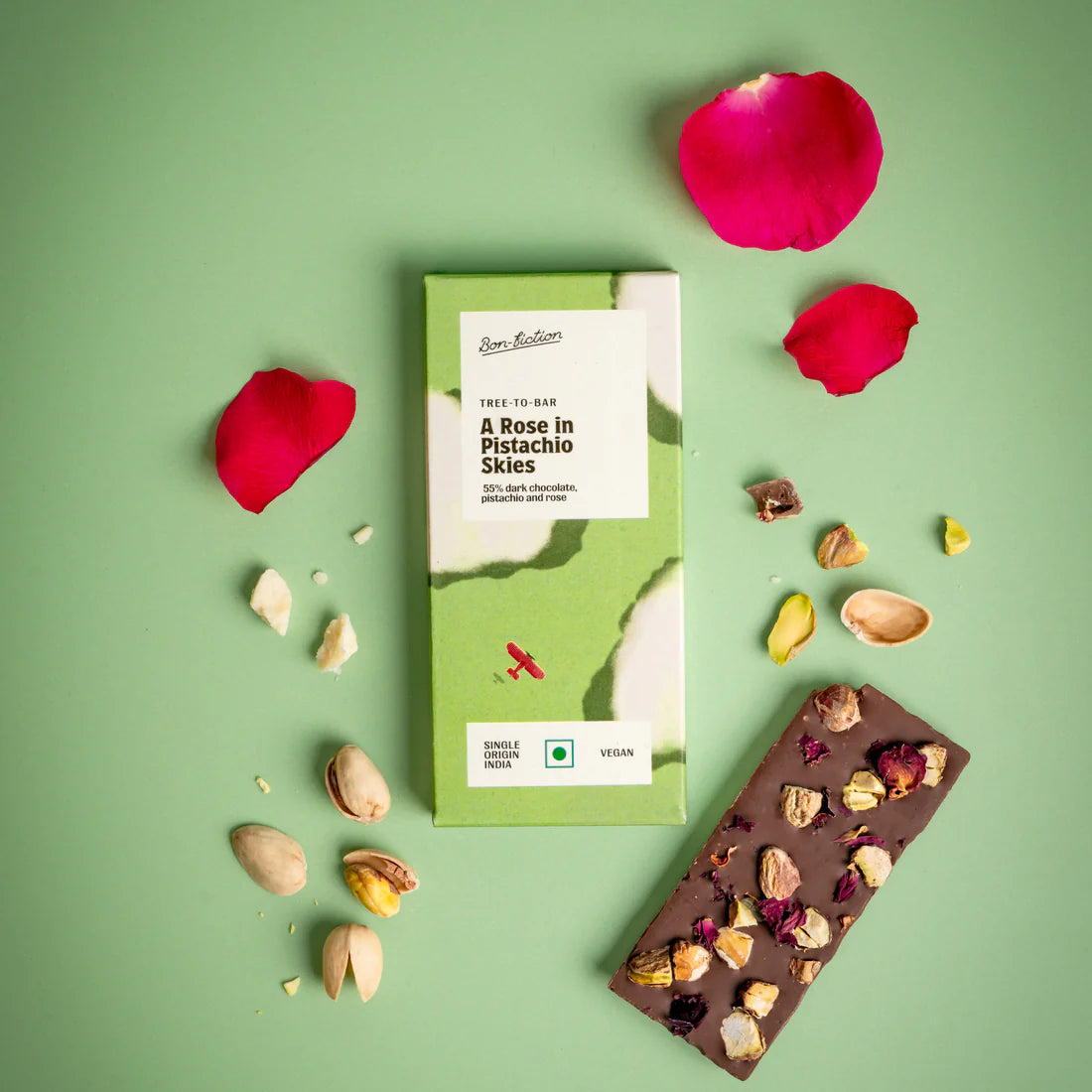 Bon Fiction - A Rose In Pistachio Skies - 55% Dark Rose Pistachio Chocolate (Mini)