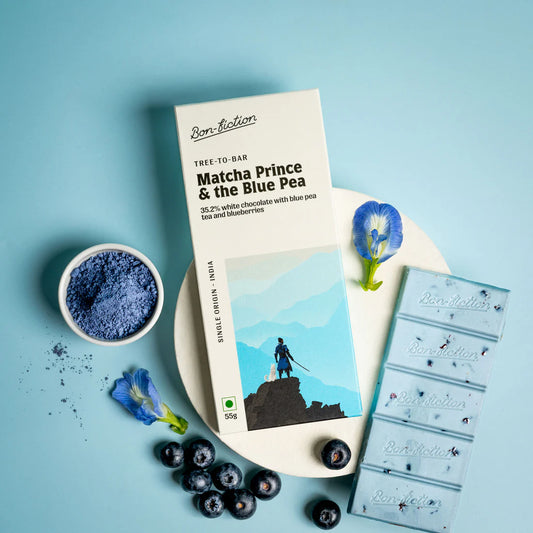 Bon Fiction - Matcha Prince and The Blue Pea - White chocolate with Blue pea tea and Blueberries
