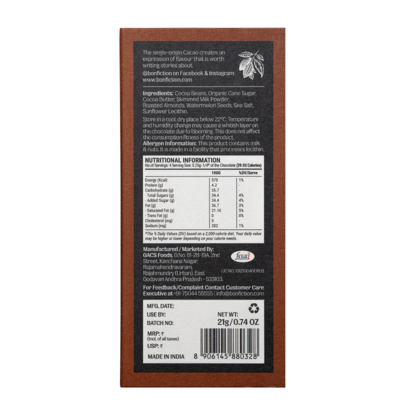 Bon Fiction - The Roasted Almond Revival - 55% Dark Milk Roasted Almonds Chocolate (Mini)