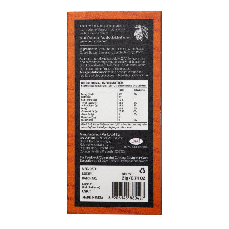 Bon Fiction - Lost In An Orange Haze - 64% Dark Orange Cinnamon Chocolate (Mini)