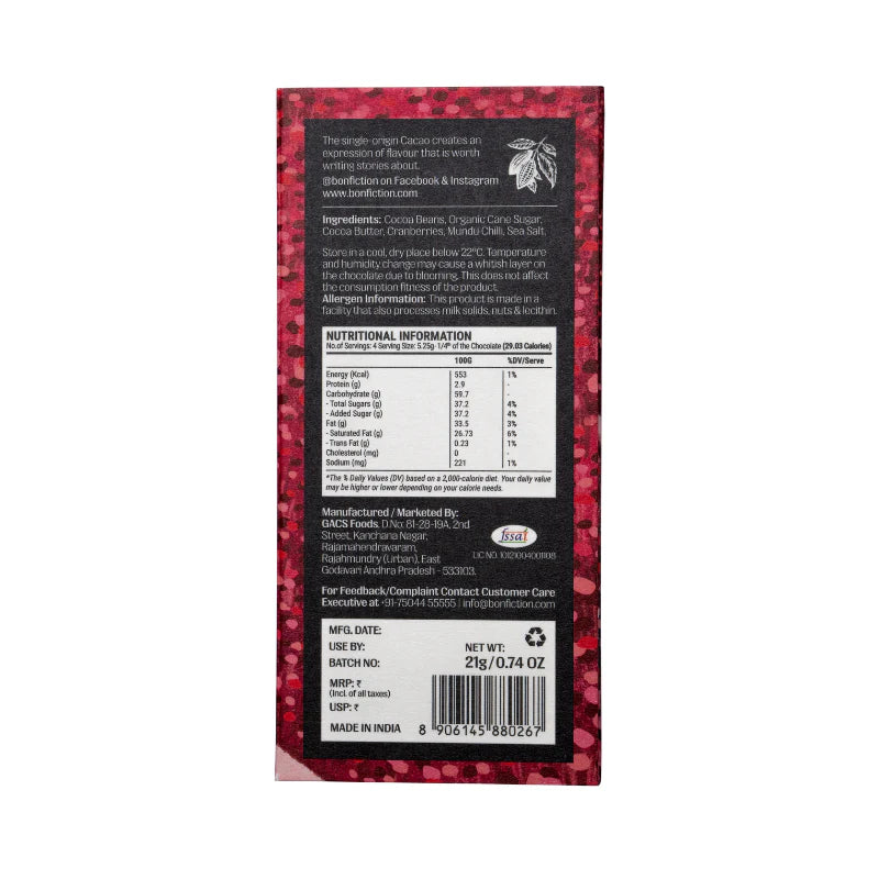 Bon Fiction - The Cranberry Chilli Chase - 64% Dark Cranberry Chilli Chocolate (Mini)