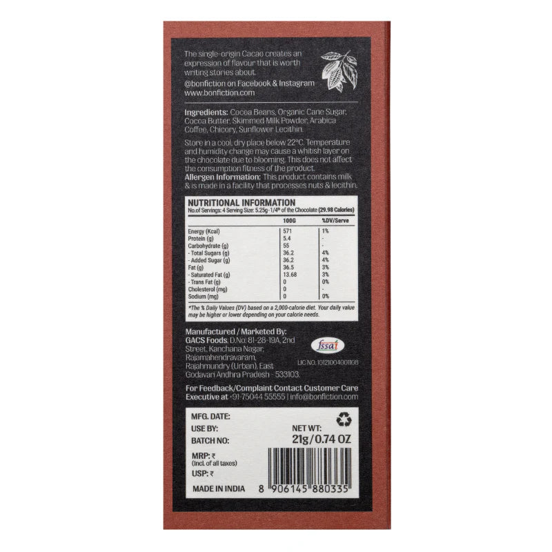 Bon Fiction - When Coffee met Cacao - 55% Dark Milk Coffee Chocolate (Mini)